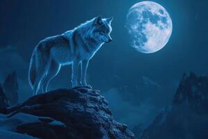 A Lone Wolf Standing on a Mountain Peak Under a Full Moon photo