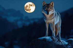 Lone Wolf Standing on a Rocky Outcrop under a Full Moon photo