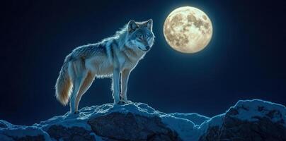 A Lone Wolf Stands on a Snowy Mountain Under a Full Moon photo