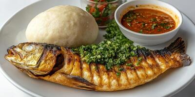 Grilled Fish with Fufu, Tomato Salad, and Spicy Sauce photo