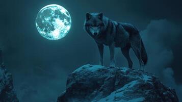 A lone wolf stands on a snowy mountain peak under a glowing moon photo
