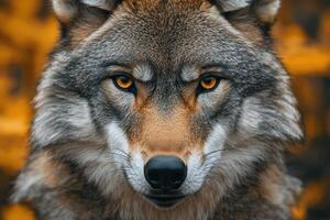 Close-up Portrait of a Wolf with Intense Yellow Eyes photo