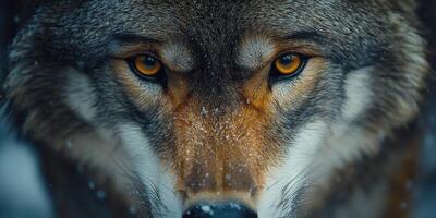 Close-up of a wolf's face with intense golden eyes photo