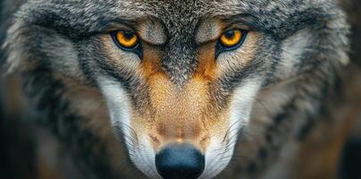 Close-up of a Wolf's Face with Intense Golden Eyes photo