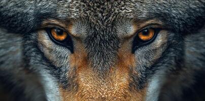 Close-up of a Wolf's Eyes and Muzzle with Intricate Fur Patterns photo