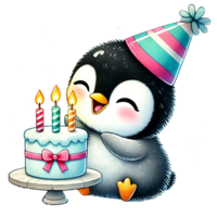 A joyful penguin celebrates a birthday with a cute cake and colorful candles, perfect for festive and cheerful designs. png