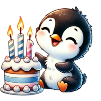 A joyful penguin celebrating with a birthday cake and candles, perfect for party themes and cute illustrations. png