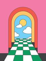 Retro Design Room to Sky Aesthetic Illustration background, checkerboard floor with colorful and fun style. vector