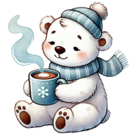 Charming polar bear enjoying a warm drink in winter attire, perfect for festive and cozy themes. png