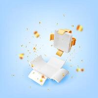 3D open gift box with falling confetti. Render present box surprise. vector