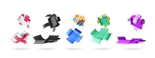 3D open gift box set. Render collection of colorful wrapped box vector