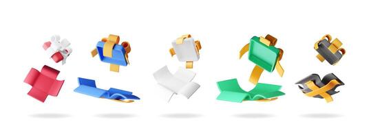 3D open gift box set. Render collection of colorful wrapped box. vector