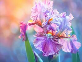 Close up of a vibrant iris flower in soft, colorful lighting photo