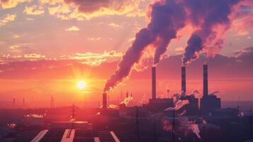 A sunset over an industrial area with smokestacks emitting smoke into the sky photo