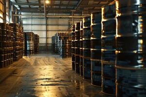 A warehouse with stacks of metal oil barrels lined up in rows photo