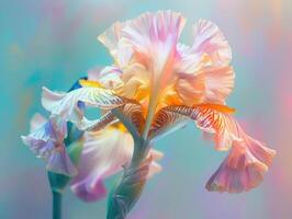 A vibrant macro shot of an iris flower showing a blend of pastel colors in soft focus photo