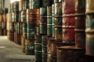 Rows of oil barrels stacked in a warehouse with industrial ambiance photo