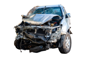 Front view of white car get hard damaged by accident on the road. chapped cars after collision. isolated on transparent background, File png