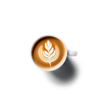 A cup of coffee with a leaf design on top. The coffee is hot and steaming. The cup is white and has a handle png