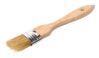 New paint brush with wooden handle isolated on white background, top view photo