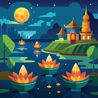 loy krathong celebration with floating krathongs on serene river at night vector