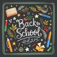 Chalkboard with 'Back to School' written on it, decorated with doodles of stars and pencils vector
