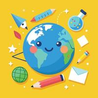 Cute globe with a smiling face, surrounded by pencils, rulers, and paper planes vector