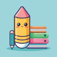 Kawaii pencil with a smiling face, alongside a stack of notebooks vector