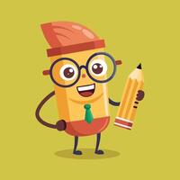 Cute cartoon pencil wearing glasses and holding a notebook with a happy expression vector
