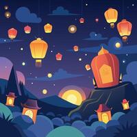 lantern release during yi peng festival with night sky full of floating lanterns vector