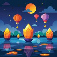 sky filled with colorful lanterns during loy krathong and water reflection illustration vector