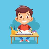 Happy cartoon student sitting at a desk, with an open book and a pencil in hand Artwork vector
