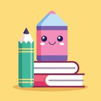 Kawaii pencil with a smiling face, alongside a stack of notebooks illustration vector