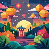 yi peng festival background with colorful lanterns and serene landscape illustration vector