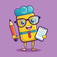 Cute cartoon pencil wearing glasses and holding a notebook with a happy expression artwork vector