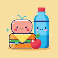 Cute lunchbox with a sandwich, apple, and a water bottle illustration vector