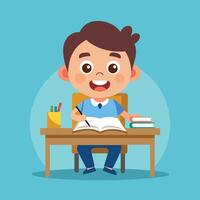 Happy cartoon student sitting at a desk, with an open book and a pencil in hand vector