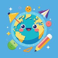 Cute globe with a smiling face with pencils, rulers, and paper planes vector