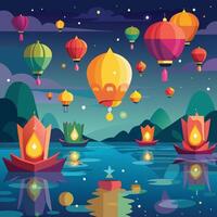 sky filled with colorful lanterns during loy krathong and water reflection vector