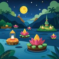 loy krathong celebration with floating krathongs on serene river at night illustration vector