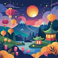 yi peng festival background with colorful lanterns and serene landscape vector