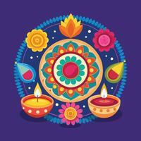 Bhai Dooj celebration with colorful rangoli and diya design artwork vector