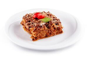 Portion of lasagna sitting on a white plate photo