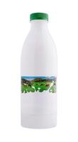 White plastic milk bottle with green cap showing cows grazing on field photo