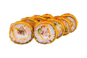 Tempura maki sushi rolls presenting filling with vegetables and sauce photo