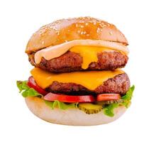 Delicious double beef burger with melted cheese and vegetables on white background photo