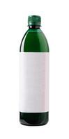Green bottle with blank label displaying on white background photo