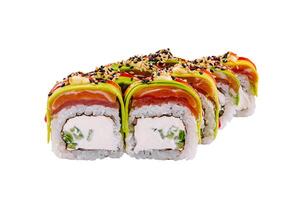 Rainbow uramaki sushi rolls with salmon and avocado lying on white background photo