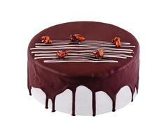 Chocolate cake with nuts dripping icing on white background photo