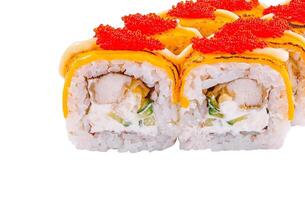 California roll topped with masago and cheese photo